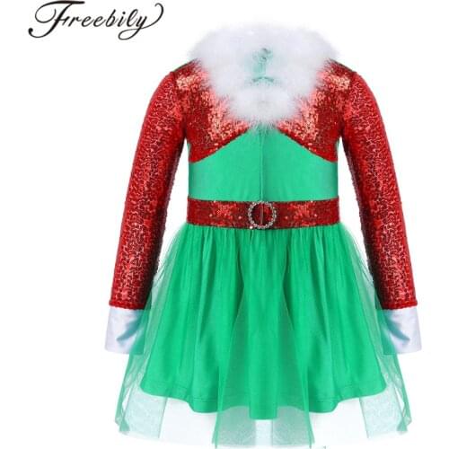 Ballet Dress Kids Dance Costume Shiny Sequins Long Sleeve Mesh Christmas Dress Girl Dance Wear Performance Carnival Party Dress