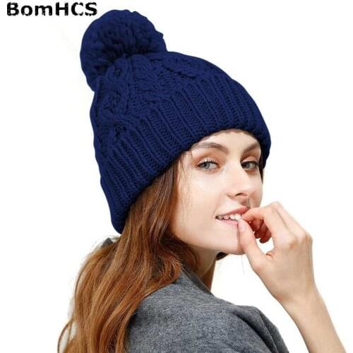 BomHCS Winter Womens 100% Handmade Knitted Beanie Pompom Hat