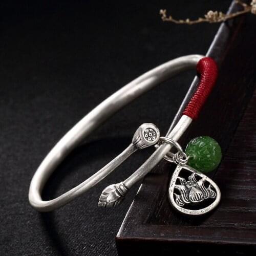 S999 Fine Silver Restoring Ancient Ways Is Hetian Jade Lotus High-grade Red Rope Benmingnian Bangle Bracelets Wholesale