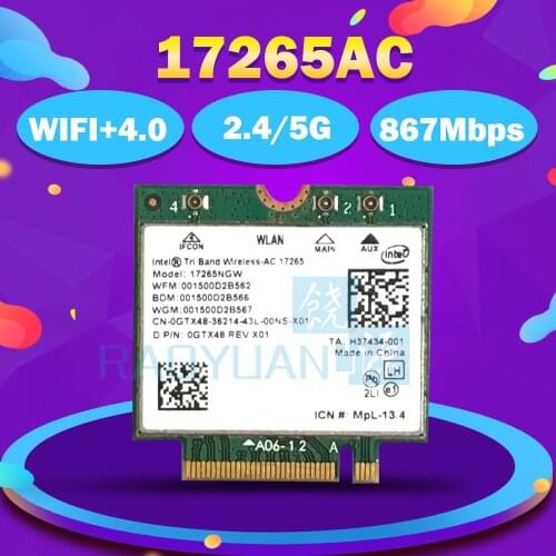 For Intel Tri-Band Wireless-AC 17265 17265NGW 802.11ad 802.11ac 4.7Gbps 867Mbps NGFF M2 Dual-band 2x2 AC BT4.0 WiFi Card