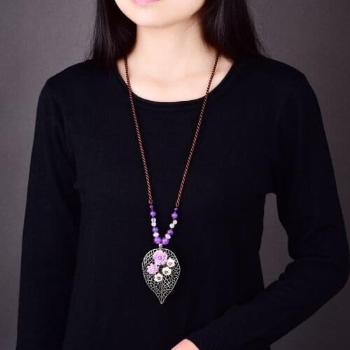 National Style Individuality Handmade Sweater Chain Long Pendant Temperament Simple Retro Leaf Pendant Necklace Female Jewelry