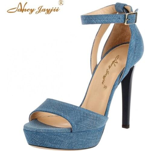 Denim Summer Sandals Women Sexy Spike 12CM High Heels Adhesive Ankle-Wrap Buckle Strap Dress&Office Shoes Large Size 16