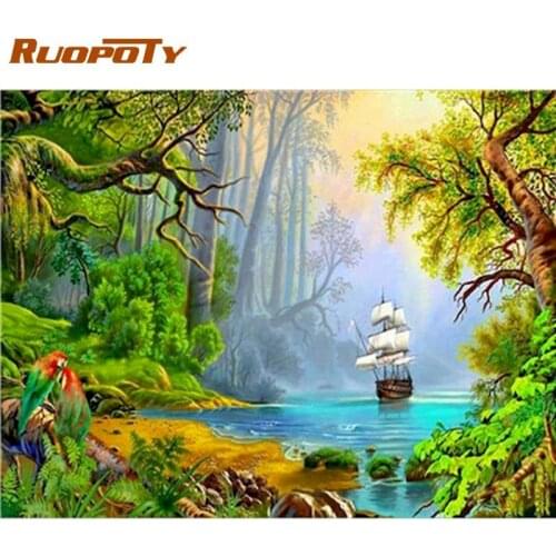 RUOPOTY Paint By Numbers Kits 40x50cm Framed Handmade Home Decoration Boat Sail In Mountain River Landscape Picture Wall Craft