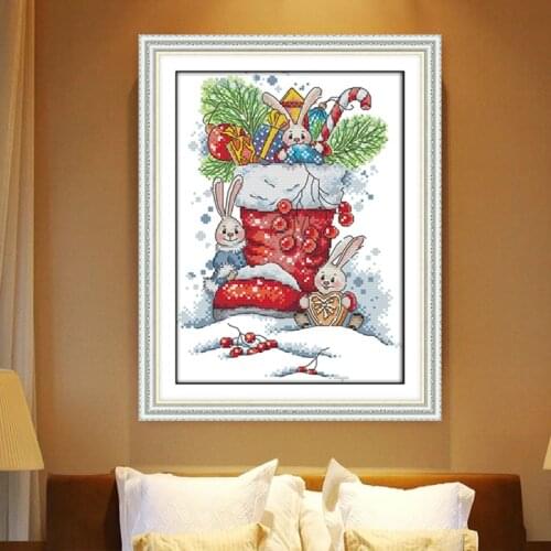 The rabbit in the Christmas boots Cross Stitch Kits canvas Printed pattern Embroidery Needlework DIY Cross-stitch set Canvas DMC