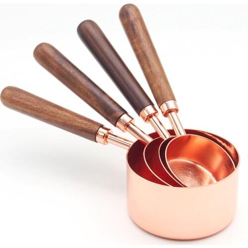 4-piece set of rose gold measuring spoons with wooden handle thickened copper-plated baking measuring cup seasoning spoon