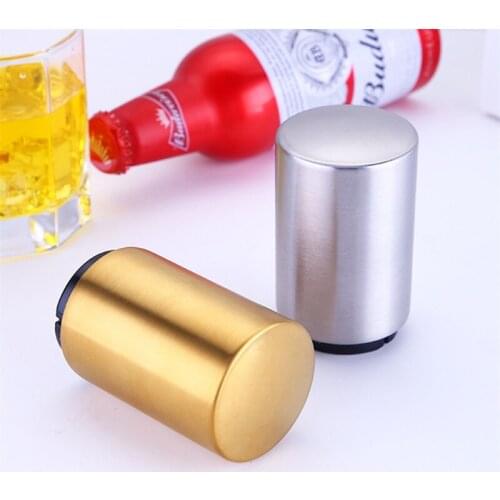 2021 New Beer Bottle Opener with Plastic Inner Core Automatic Magnet Stainless Steel Push Down Tool Gold/Silver/Black/Rose Gold