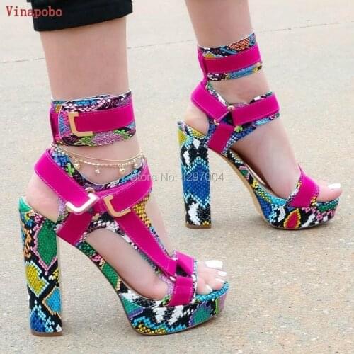 New Design Women Fashion Open Toe Patchwork Platform Chunky Heel Sandals Mixed Colors Ankle Straps Buckles Thick High Heel Sanda