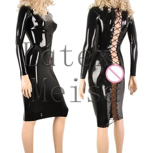 Lace-up decoration sheath latex dress Fetish long sleeve in solid black color for women