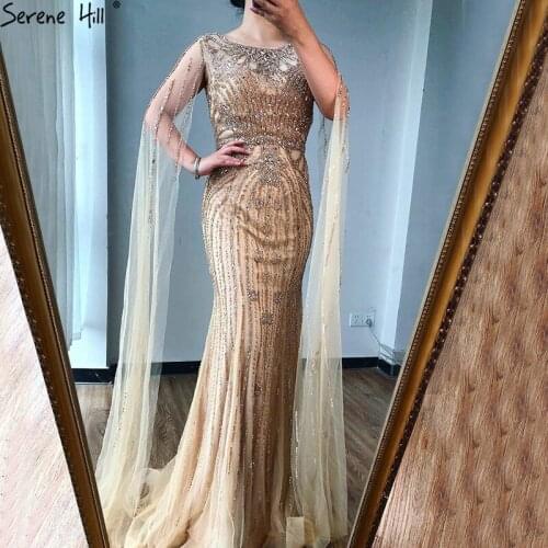 Serene Hill Gold Mermaid Luxury Evening Gowns for Women2020 With Cap Sleeves Beading Diamond Long Fromal Dresses BLA70868