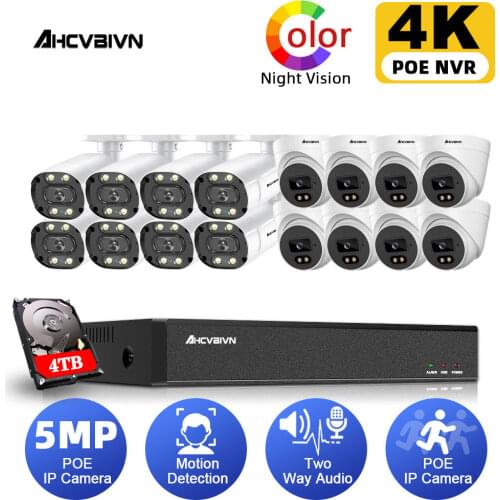 16 Channel CCTV Camera System Set 4K POE NVR Kit Outdoor Color Audio POE IP Bullet Security Surveillance Camera System Kit 16CH