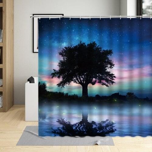 Universe Starry Sky Black Tree Shower Curtain Colorful Galaxy Night Scenery Bathroom Decor Polyester Cloth Bathtub Curtain Sets