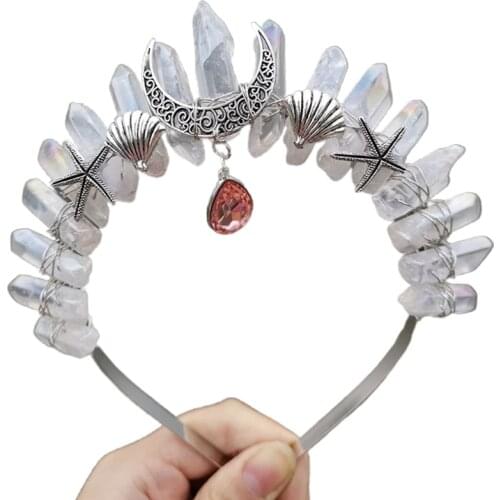 Raw Crystal Quartz Headband Crown Marine Metal Moon Shell Starfish Hair Hoop Forehead Diamond Pendant Tiara Headpiece