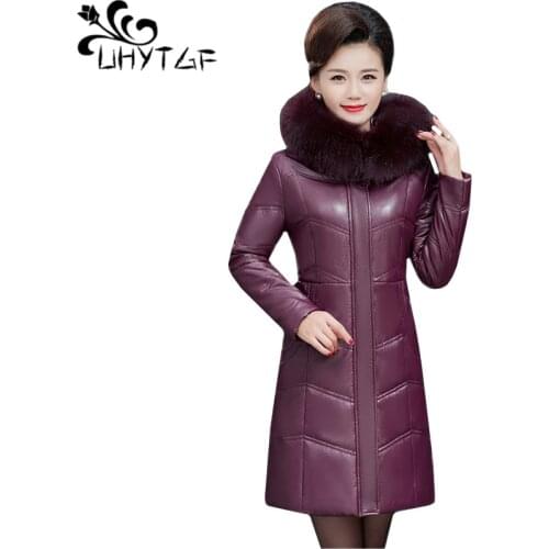 UHYTGF 7XL Plus size leather jacket women fur collar hooded quality sheepskin leather down jacket warm winter jacket female 1148
