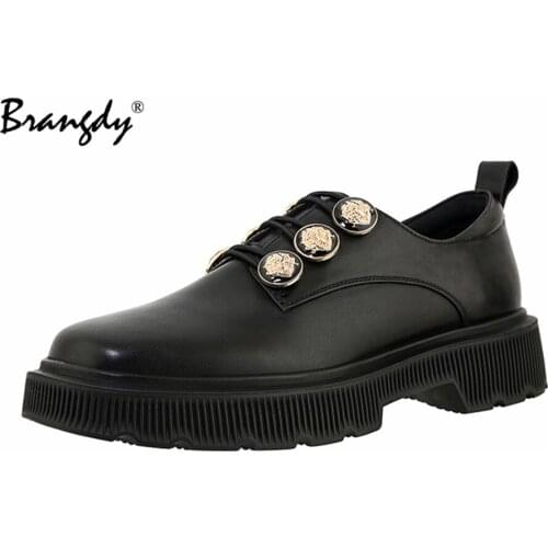 Brangdy Loafers Women Spring 2021 New Genuine Leather Round Head Thick Heel Casual Shoes Women Footwear British Style Girl Shoes