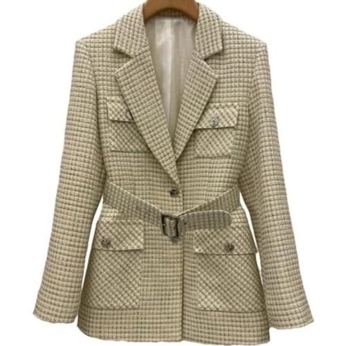 2021 spring small fragrance plaid tweed blazer+high waist tassel shorts women two piece sets