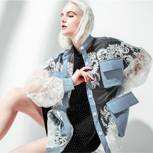 Lace Crochet Flower Long Sleeve Women Sexy Denim Jacket Coat Cool Women Denim Coat Big pocket Basic coat Chaqueta Mujer