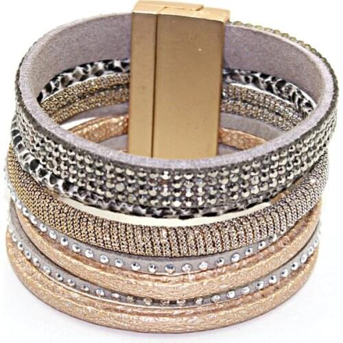 1 pc/lot 2018 New Style Hot Selling Jewelry Bohemian 7 Layers Mixture Rhinestone Leather Bracelet&bangle Magnetic Clasp