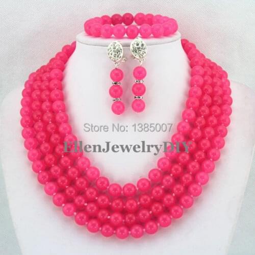 10mm Hot Pink hot Necklace Bracelet Earrings Sets African Nigerian Wedding Beads Jewelry Sets JL4156