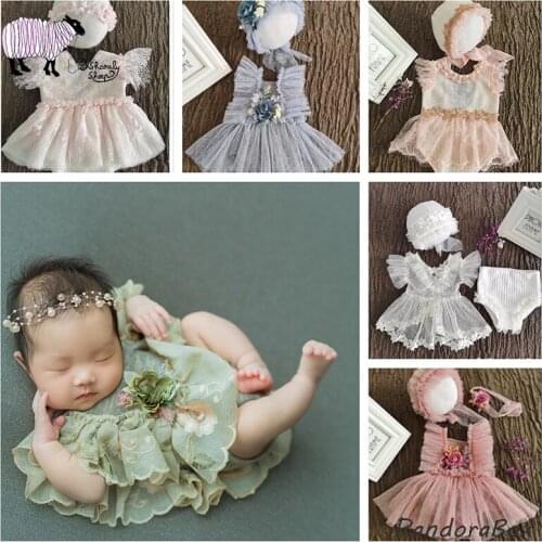 4Pc/Set Newborn Photography Props Infant Baby Girl Photo Shoot Lace Outfits Clothes Kids Birthday Pic foto Shooting Costume Prop