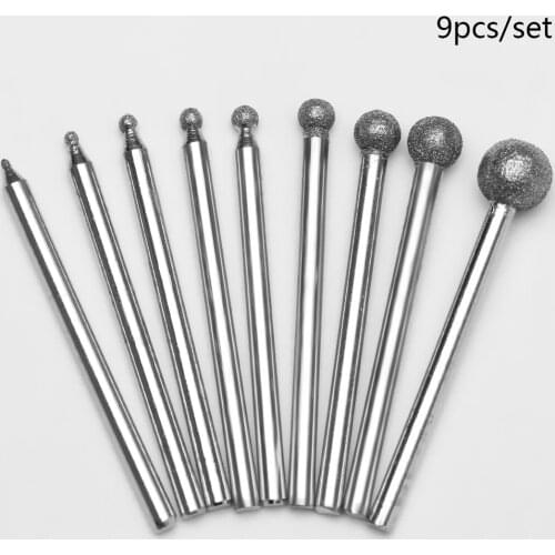 9Pcs/Set Diamond Grind Needle Head Cutter Jade Carve Tools Engrave Rotary Spherical Burr Tool 3mm Shank Round Ball