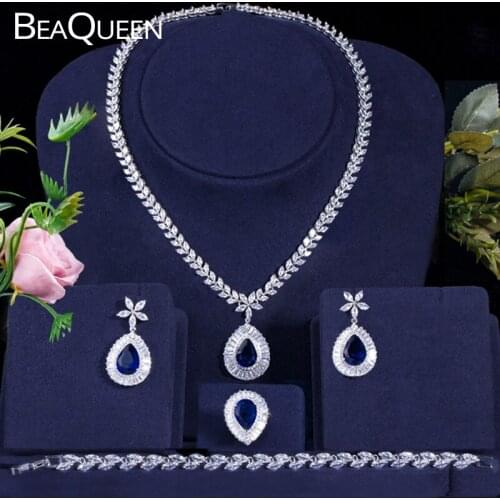 BeaQueen Classic 4pcs Bridal Zirconia Jewelry Sets Royal Blue Water Drop Crystal Earring Necklace Bracelet and Ring Set JS101