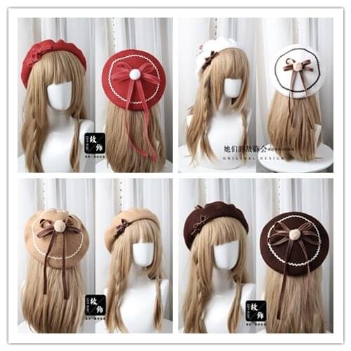 10 Colors Lolita Berets Wool Blend Hat Girls Bow Ribbon Fur Ball White Brown Pink Red Lady Sailor Style Preppy Chic Students Cap