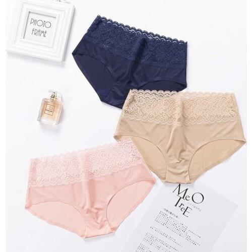 Ice Silk Traceless Panties For Women Corset Lace Middle Waist Underwear Sexy Lingerie Cotton Seamless Transparent Hollow Out