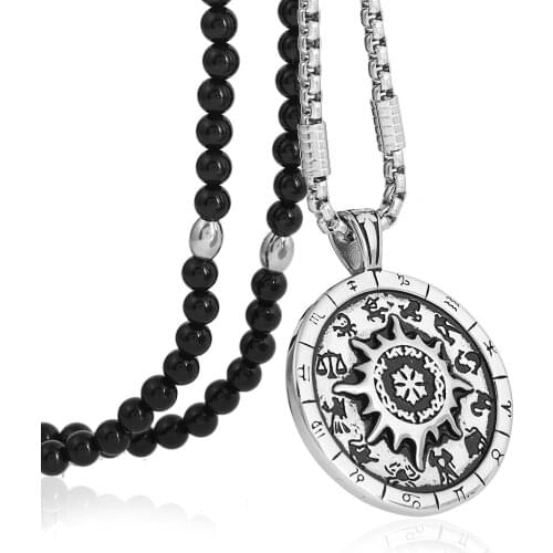 Men Punk 316L Stainless Steel Zodiac Constellation Pendant Necklace Black Natural Stone Chain 26" Link