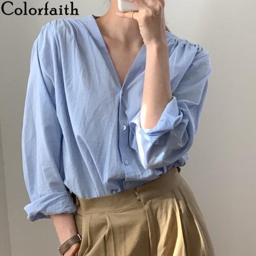 Colorfaith New 2021 Summer Autunm Womens Blouses V-Neck Shirts Solid Elegant Korean Vintage Oversized Wild Lady Tops BL2193