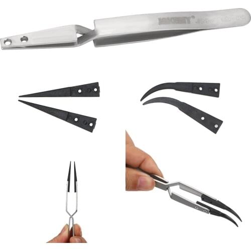 DIYWORK Anti-static ESD Tweezers Reverse Action Tweezer with Curved & Straight Plastic Tip for Phone Repair BGA Work