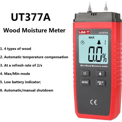 UNI-T UT377A Two-pin Digital Wood Hygrometer Wood Moisture Tester Hygrometer Wood Moisture Detector Large LCD Display
