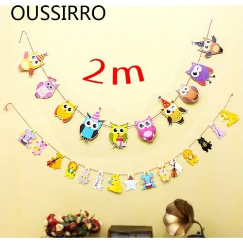 1 Set Cartoon Owl Animals Family Baby Garland Striped Paper Flags Banner Home Decor Birthday Party Supplies For kids