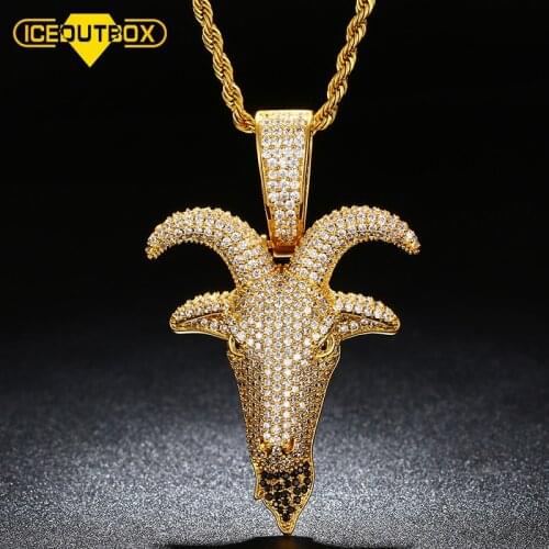 ICEOUTBOX Animal Sheep Head Pendant Gold Plated Full Of Crystal AAA Cubic Zircon Hip Hop Necklace For Men Rock Chain Jewelry