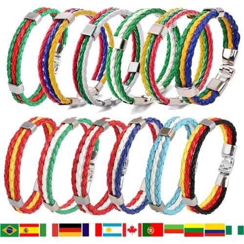 KirykleFashion Leather Rope Bracelet World National Flag Colorful Bracelets & Bangles for Women Men Jewelry Braid Chain Claps