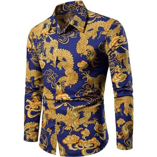 New Men Shirt Long Sleeve Single Breasted Mens Shirts Casual Slim Fit Dress Shirts Chinese Style Dragon Print Camisas Hombre 4XL
