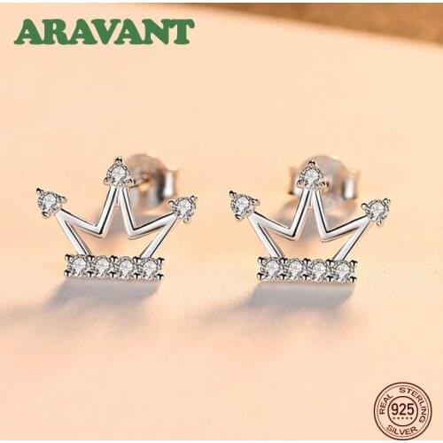 New S925 Sterling Silver Cute Crown Cubic Zircon Stud Earrings For Woman Girls Ear Jewelry