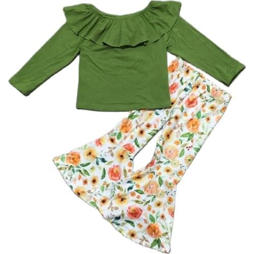 Girlymax Fall Winter Girl Solid Olive Top Floral Bell Bottom Pants Set