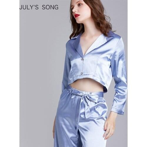 JULYS SONG Fashion Spring Woman 2 Piece Sexy Top Long Pants Faux Silk Pajamas Set Sleepwear New Summer Spring Home wear