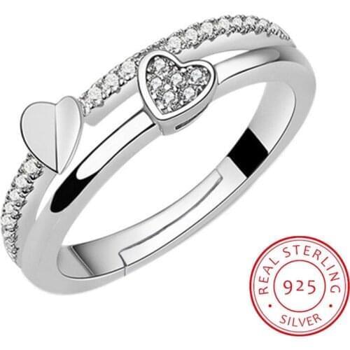 Luxury 925 Sterling Silver Wedding Rings For Women Double Heart Zirconia Opening Ring Valentines Day Present Party Jewelry Gift