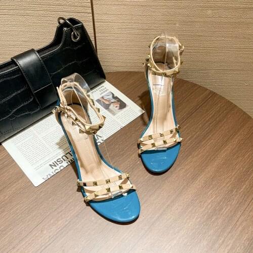 PVC Summer Rivet Buckle Strap Sandals Women Thin High Heel Mature Ladies Shoes Solid Trend Party Femme