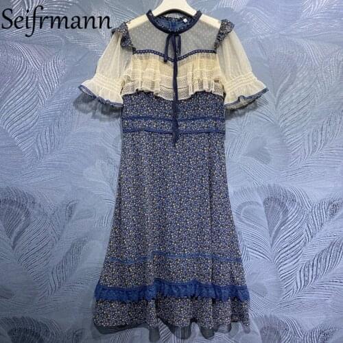 Seifrmann New 2021 Summer Women Fashion Designer Party Midi Dress Flare Sleeve Gorgeous Ruffles Lace Floral Print Ladies Dresses