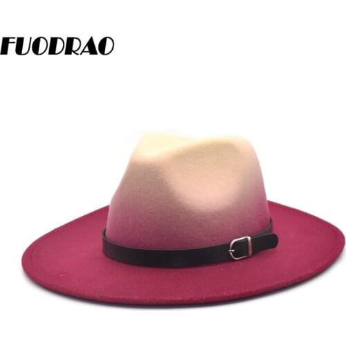 FUODRAO Women Fedoras Hat Autumn Winter Wool Panama Belt Gradient Color Jazz Cap Large Brim Woolen Fedoras Men Vintage Hat D4