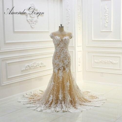 Amanda Design Cap Sleeve Lace Appliqued Champagne Mermaid Fashion Wedding Dress