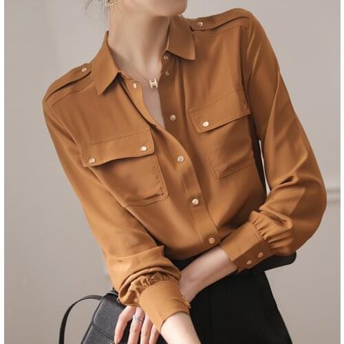 Heavy silk shirt womens autumn clothing 2021 new high-end silk shirt womens long-sleeved niche retro shirt
