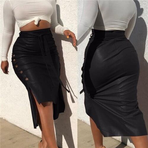 Womens Faux Leather Midi Skirt High Waist Button Trim Solid Color Slit Bodycon Pencil Skirt with Belt