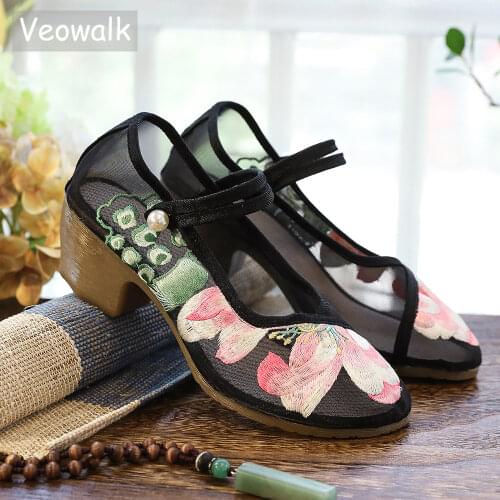 Veowalk Gauze Fabric Embroidered Women 4cm Block Heel Sandals Summer Retro Style Ladies Casual Transparent Mary Jane Shoes