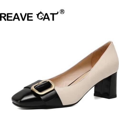 REAVE CAT 2021 New Pumps Ladies Square Toe 5.5cm Heels Patchwork Genuine Leather Elegent Slip-On Classic Big Size 33-40 A3347