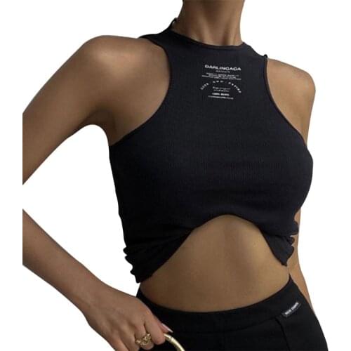 Women Summer Sleeveless O-Neck Crop Tank Top Harajuku Letters Print Ribbed Knit Slim Mini Vest Sexy Racerback Off Shoulder Solid