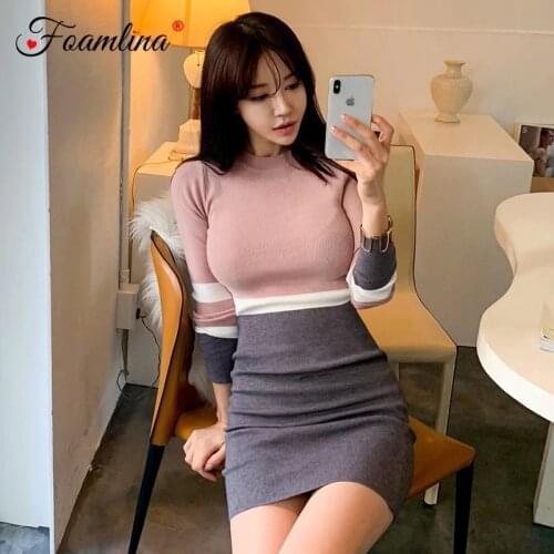 Foamlina Women Sweater Dress New Spring Autumn Fashion O Neck Long Sleeve Multicolor Patchwork Slim Stretch Knit Bodycon Dress