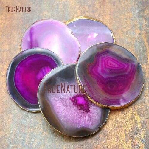 10Pcs Top Seller Gold Color Round Shape Coaster Fushia Lace Agates Coaster Approx 55-75mm PM14934